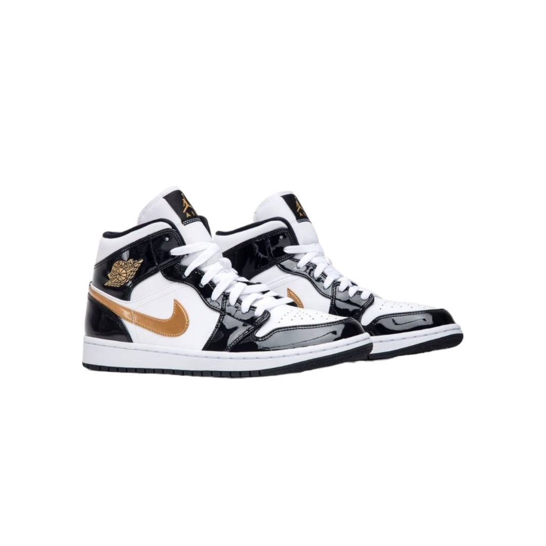 Jordan 1 Mid “Patent Black White Gold”