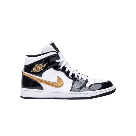 Jordan 1 Mid “Patent Black White Gold”