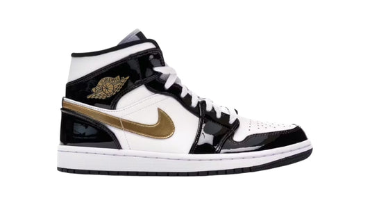 Jordan 1 Mid Patent Black White Gold